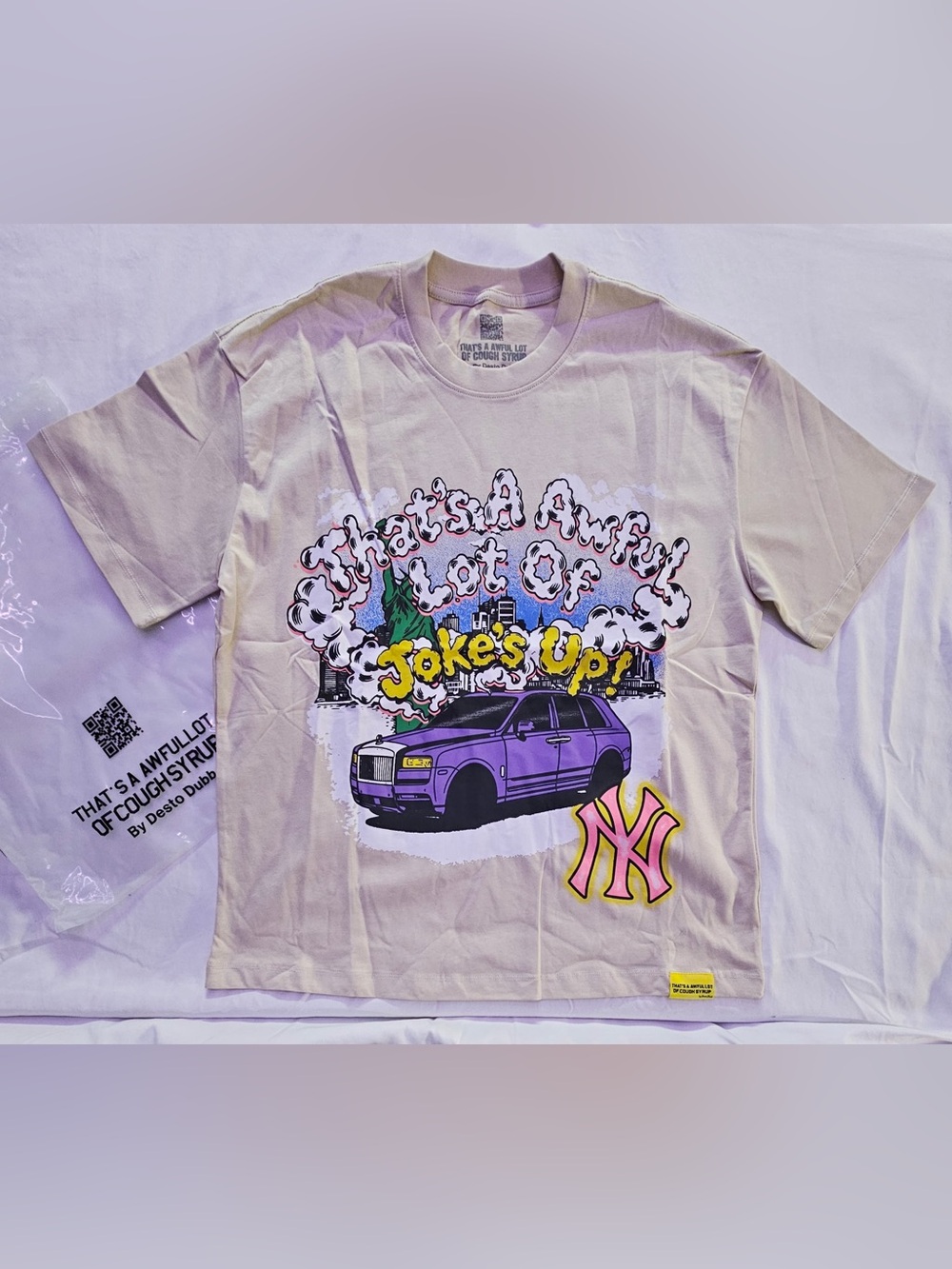 Men's Short Sleeve Graphic Tee - Beige with Purple Car Print